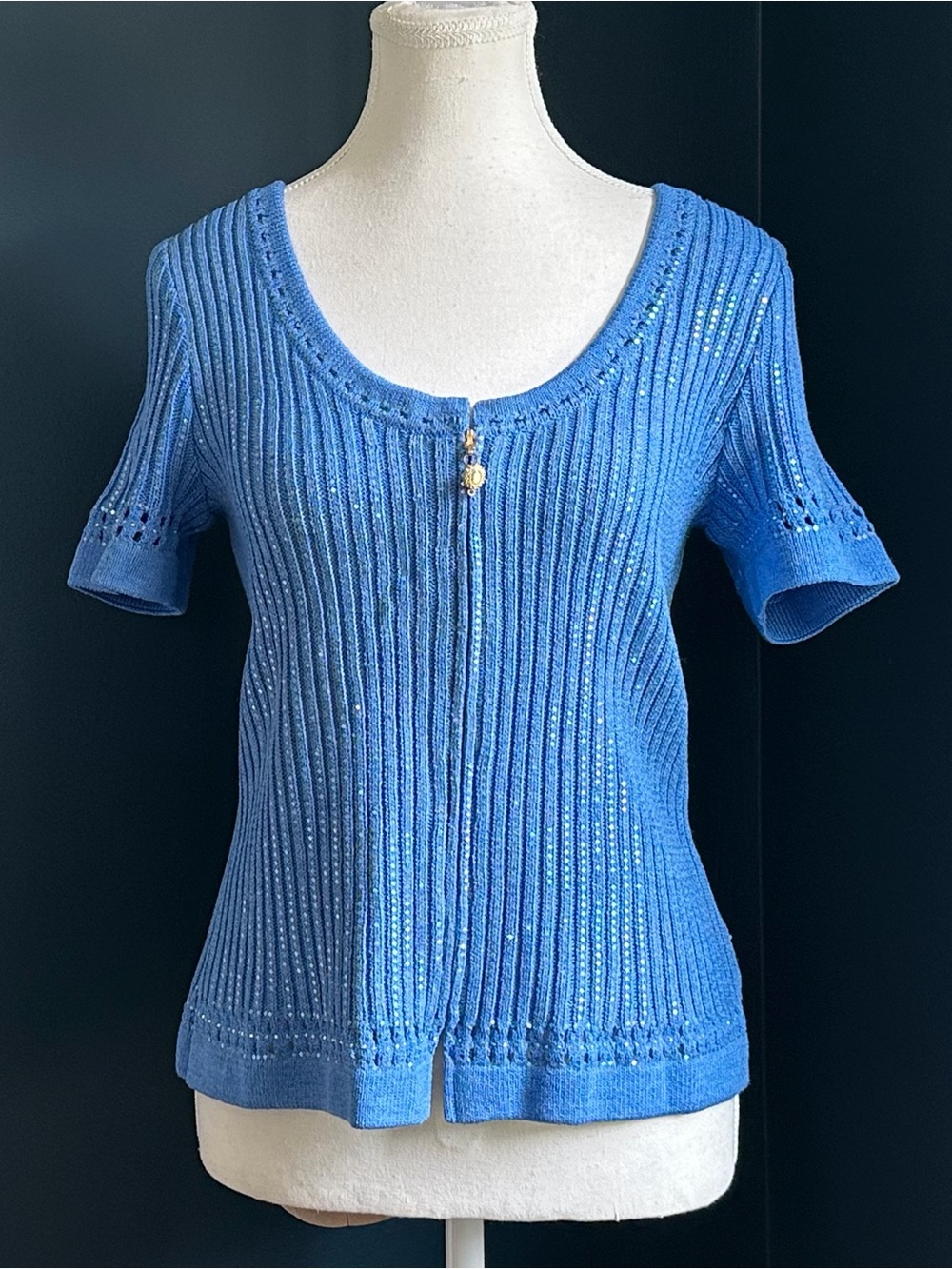 St. John Evening Santana Knit Paillette Sequin Zip Cardigan Jacket Blue | Size 6